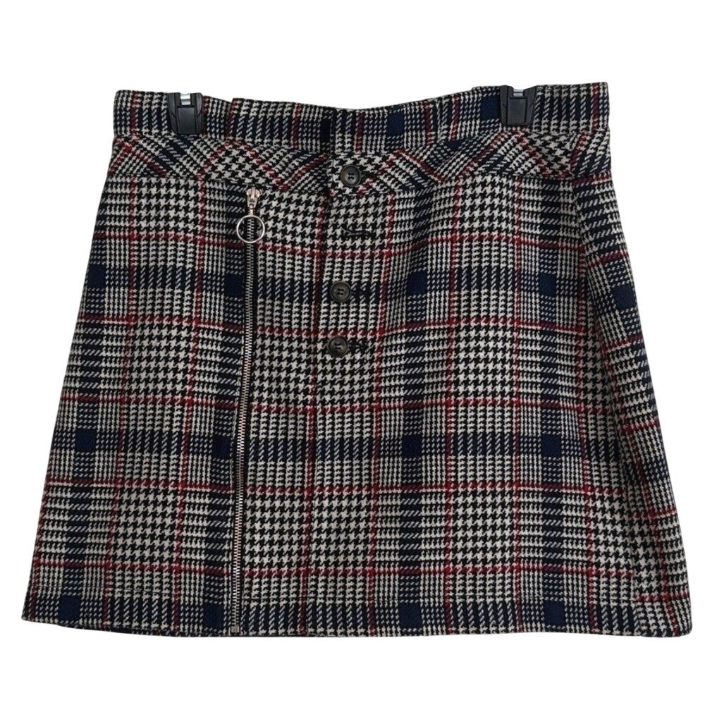 Topshop‎ Womens US 10 Navy Red Plaid Houndstooth Button Front A-Line Mini Skirt